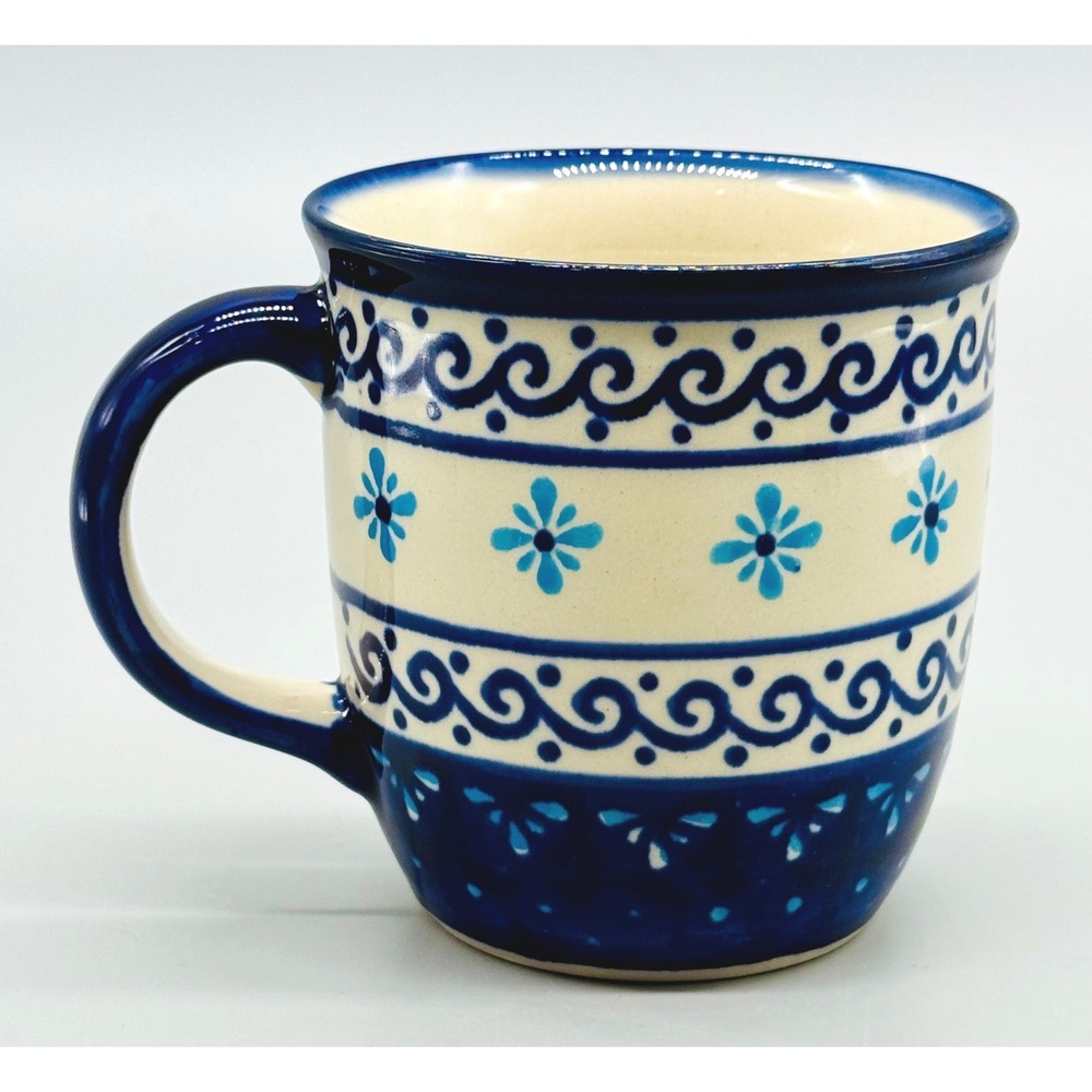 Polish Pottery Boleslawiec Mug Aqua Blue Floral Swirl Hand Painted